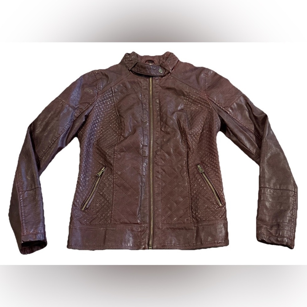 Guess Women’s Faux Leather Biker Moto zip Up Jacket Burgundy Medium